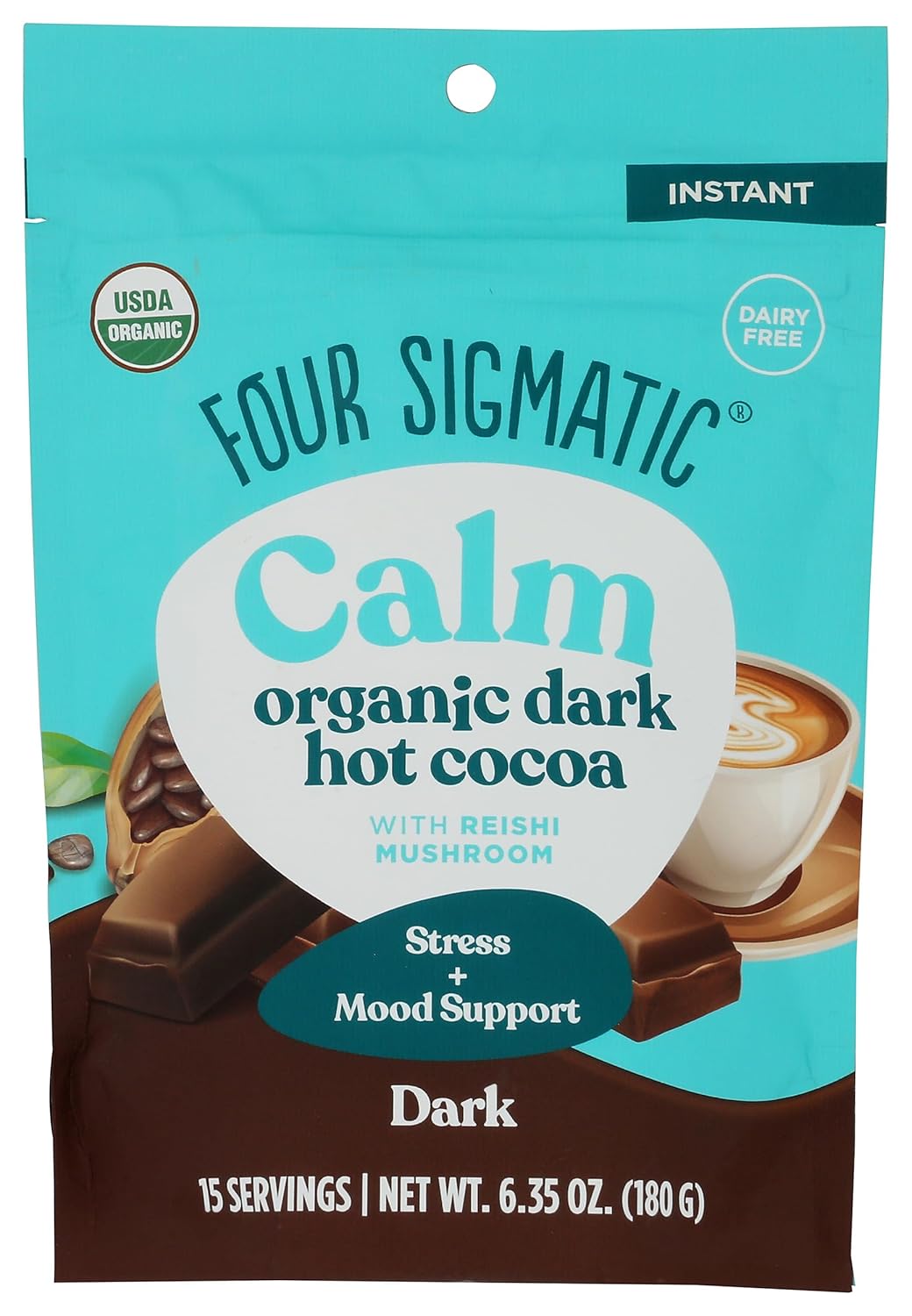 Four Sigmatic Organic Dark Hot Cocoa with Reishi Mushroom, Calm, Instant, Vegan, Dairy Free, 6.35 Ounces (Pack of 6)
