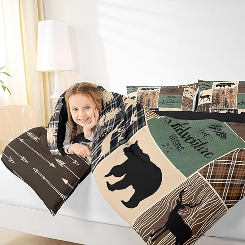 Miniatura 6 de Juego de edredón de oso de caza, ciervo, juego de ropa de cama a cuadros tamaño King, edredón rústico de retazos de cabaña para niños, adolescentes,