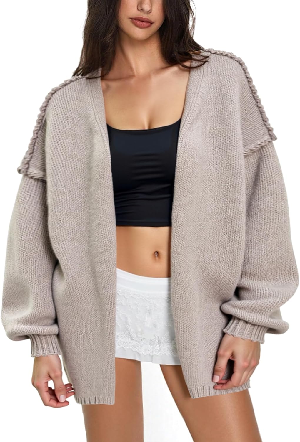Women’s Oversized Knit Cardigan, Open Front Long Sleeve Chunky Sweater, Soft Cozy Beige Cardigan for Fall & Winter Layering - Image 4