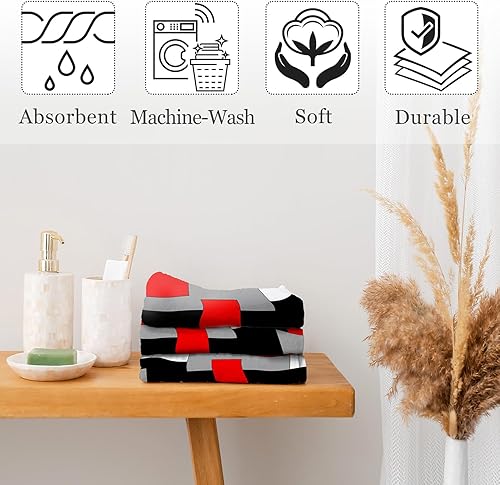 Miniatura 3 de Juego de 2 toallas de mano para baño, cocina, color rojo, negro, gris, blanco, decorativas, ultra suaves, absorbentes, para baño, cocina, juego de 2