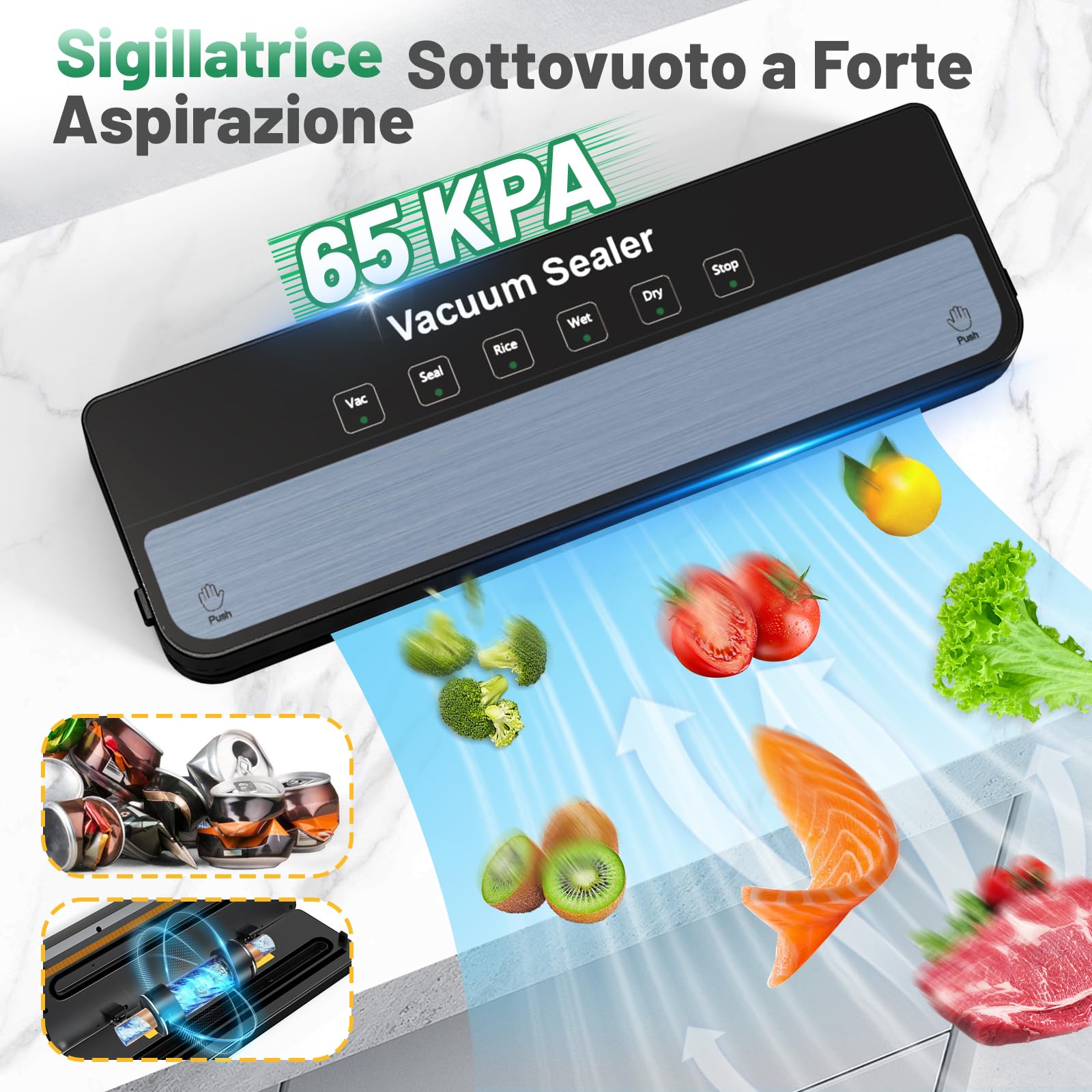 Raycial Macchina Per Sottovuoto con Sacchetti Sottovuoto, Macchina per Sottovuoto 5 in 1, per Asciutto, Umidità, Fresco, Saldatrice Per Alimenti, Sigillatrice Compatta E Completamente Automatic