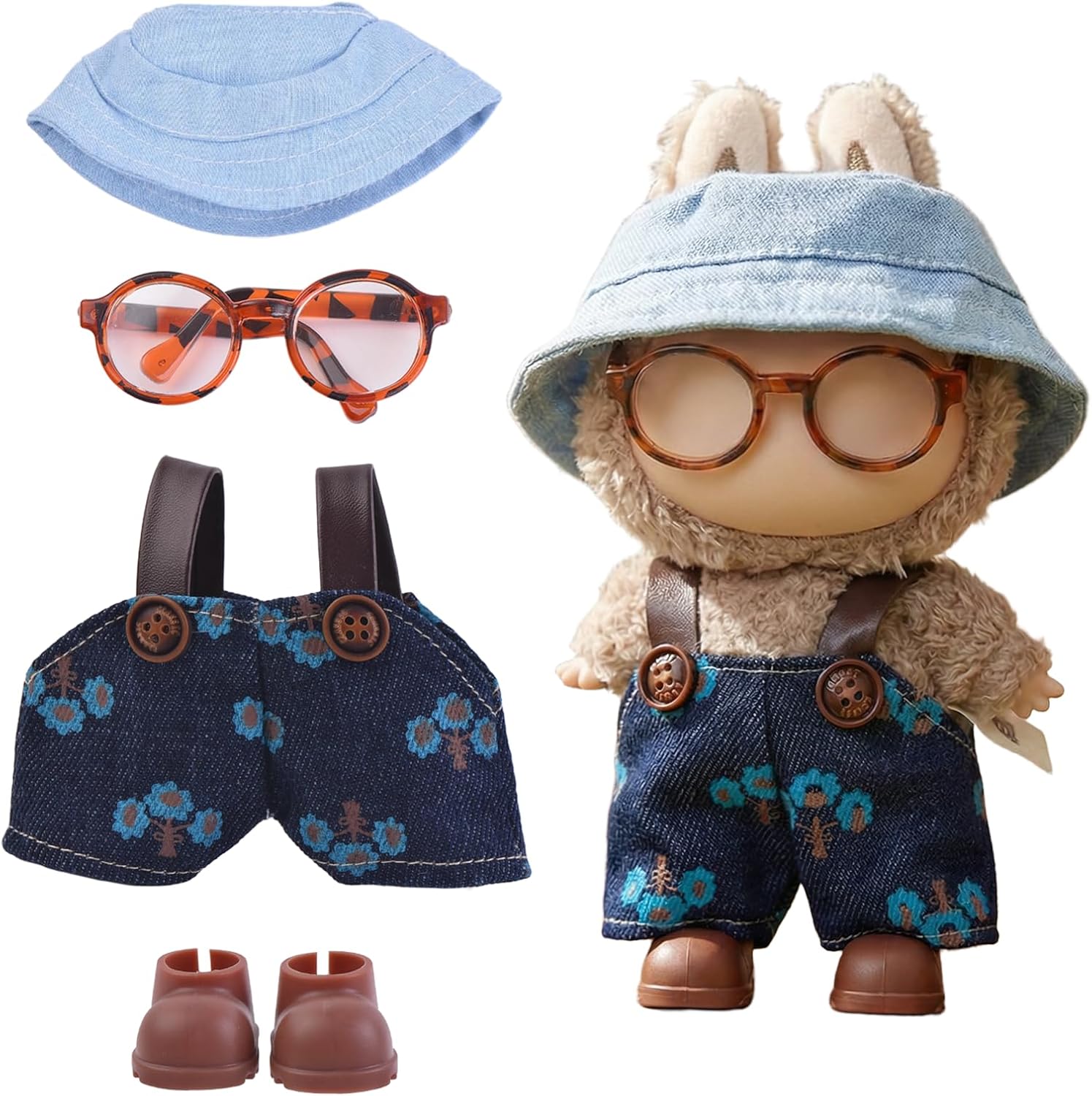 Clothes for Labubu, Overalls Outfit with Hat, Shoes & Glasses Accessories Set Fits 17cm Doll - Ocean Blue