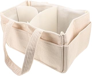 Beige Corduroy Diaper Organizer Tote for Newborn Essentials | Large Capacity, Multilayer Compartments, Reinforced Lining, Wide Handle, Travel and Stroller Walks, Mommy Use
