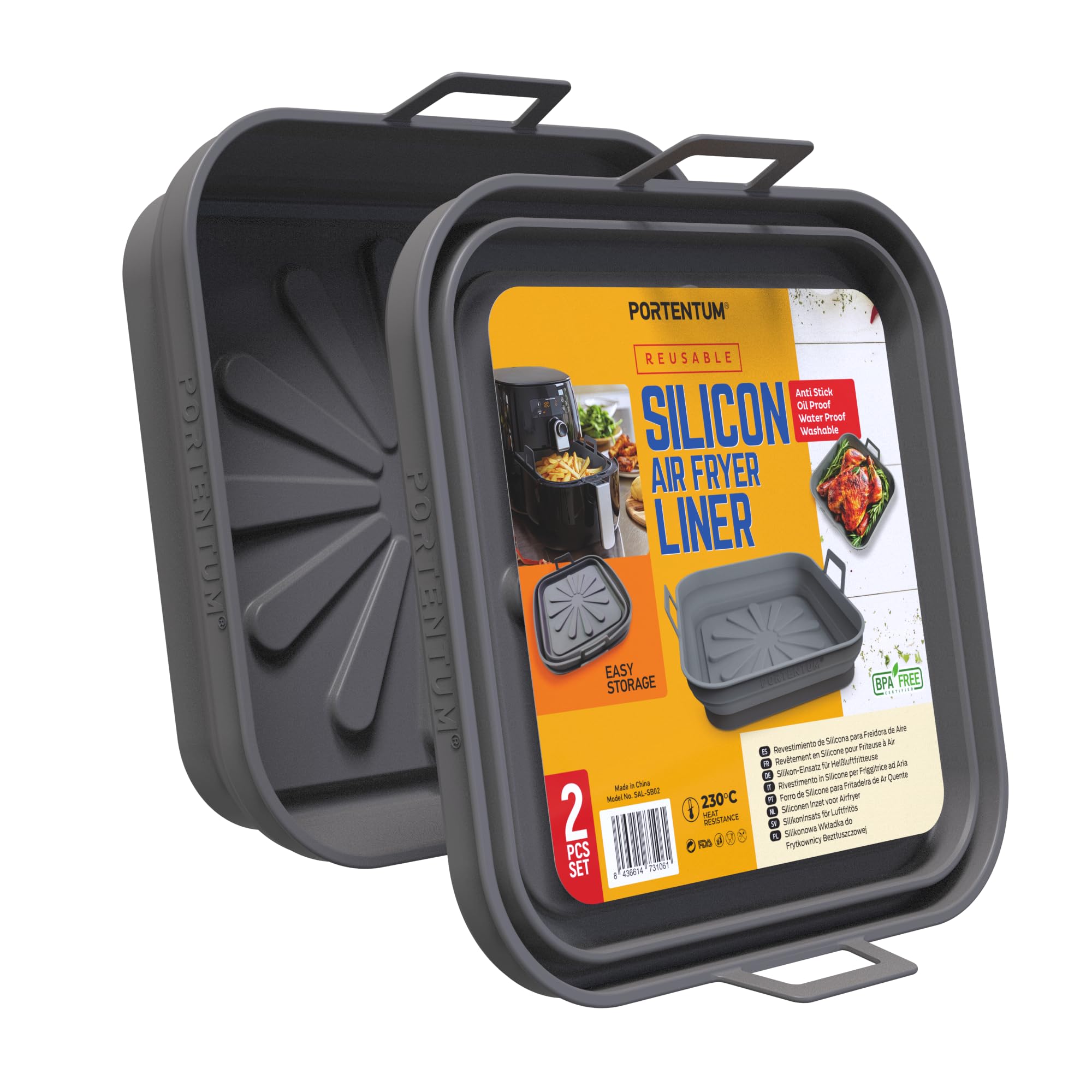 PORTENTUM SAL-SB02 – Silicone Air Fryer Liners – LFGB and BPA-Free Silicone – from 4.7 to 8 liters Air Fryers – Set of 2 Reusable Foldable Round Liners - 22.5 cm