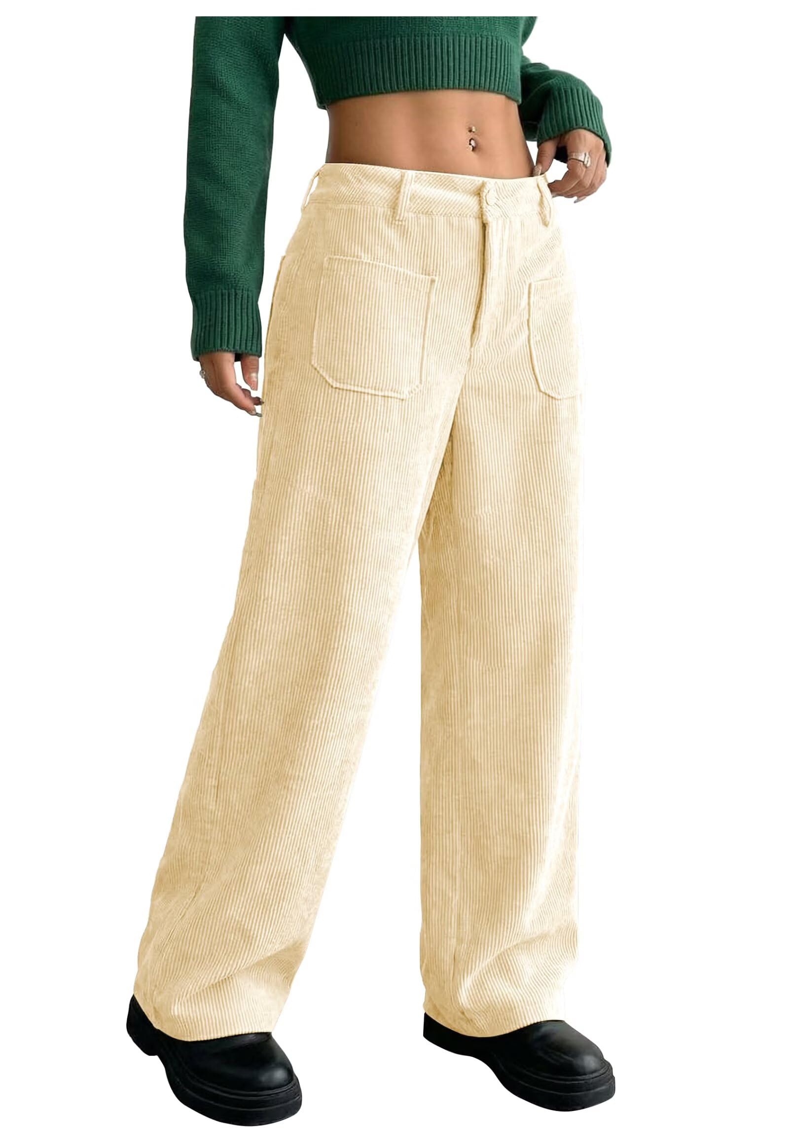 Corduroy Pants Women Straight Leg Womens Pants with Pockets Dressy Casual Trendy Winter Trousers for Work Party