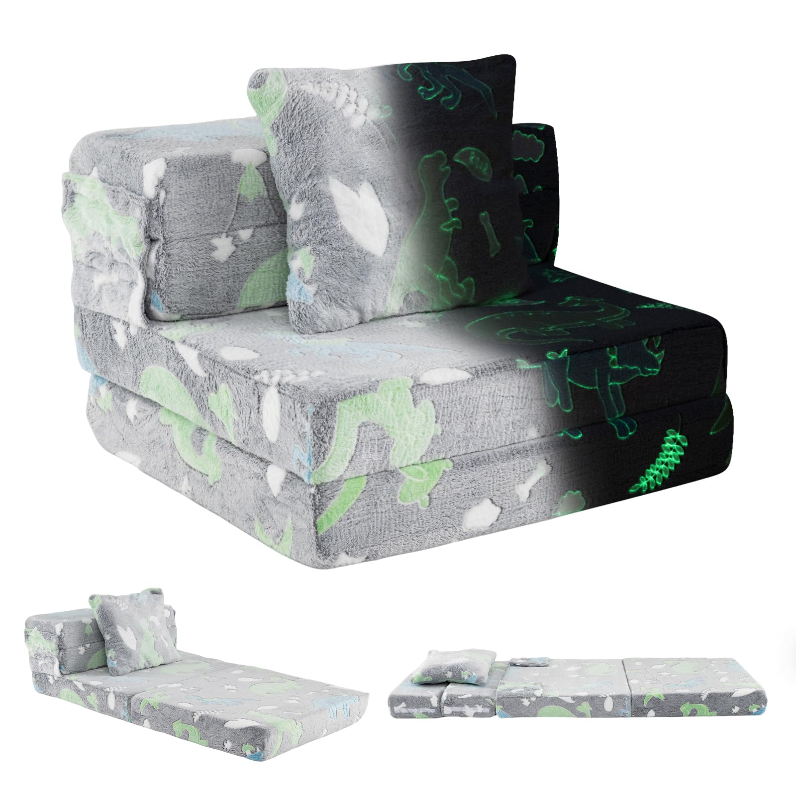 COSTWAY Canapé-lit Enfant Brillant dans Le Noir avec Motif Dinosaure & Oreiller, Matelas de Sol Pliable en Flanelle avec Housse Lavable en Machine, Canapé Modulaire pour Chambre Salle de Jeux (Gris)