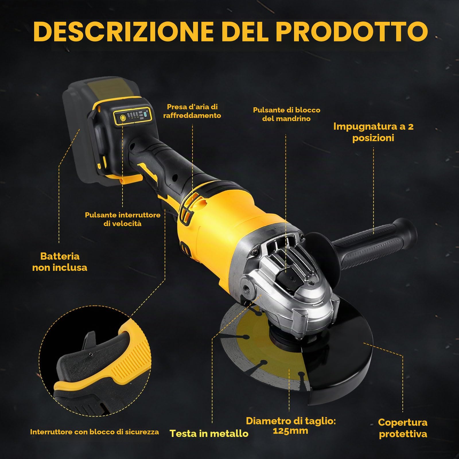 Smerigliatrice angolare senza fili per Dewalt batteria 18 V/20 V (senza batteria), 10000 giri/min, smerigliatrice senza spazzole con lame da 125 mm per taglio, rettifica, lucidatura (3 accessori)
