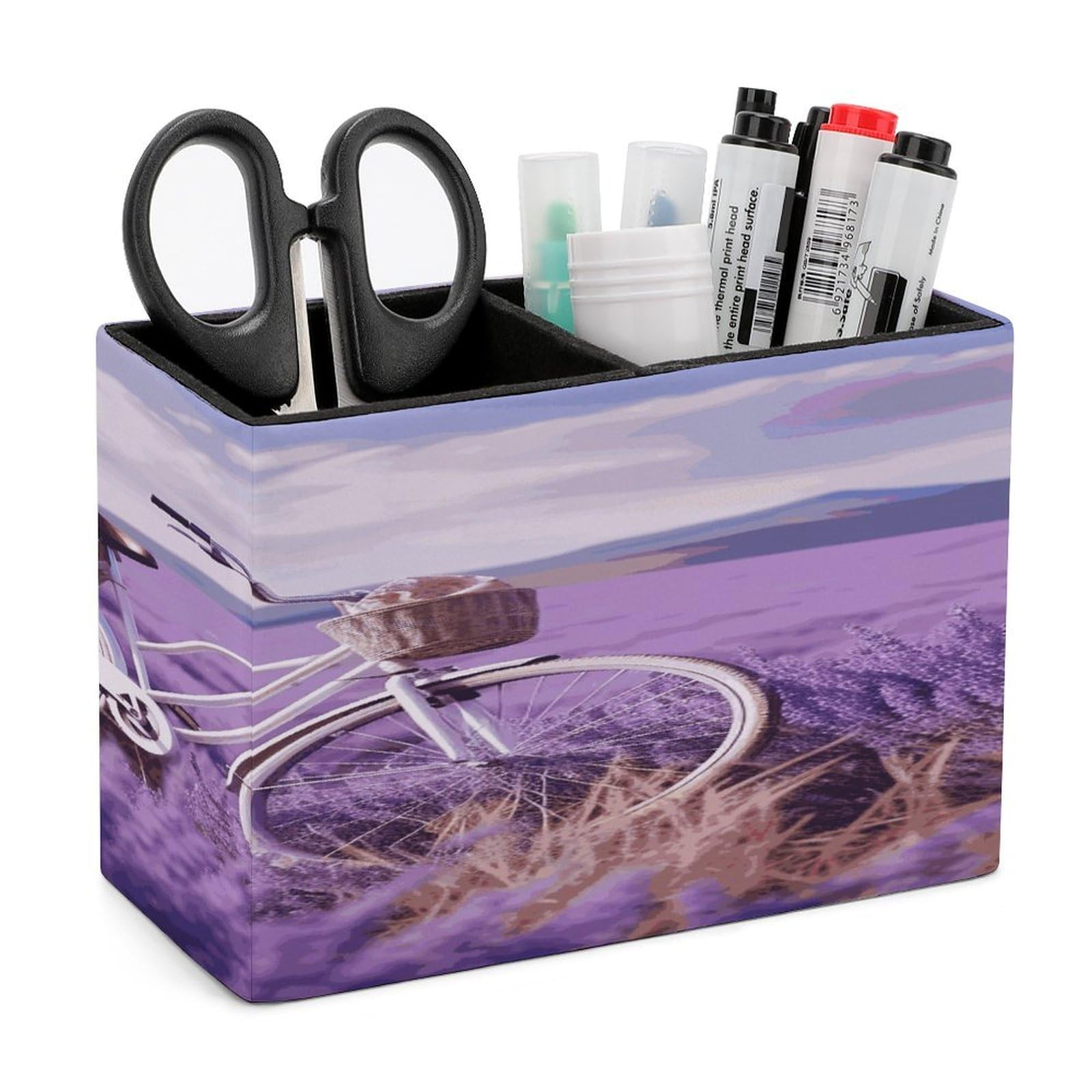 FekiLoot PU Leather Lavender Field Bike Pen Holder for Desk 2 Compartments Desktop Stationary Organizer Rectangle Table Pencil Cup Stand Desktop Stationery Organizer Case for Office Home