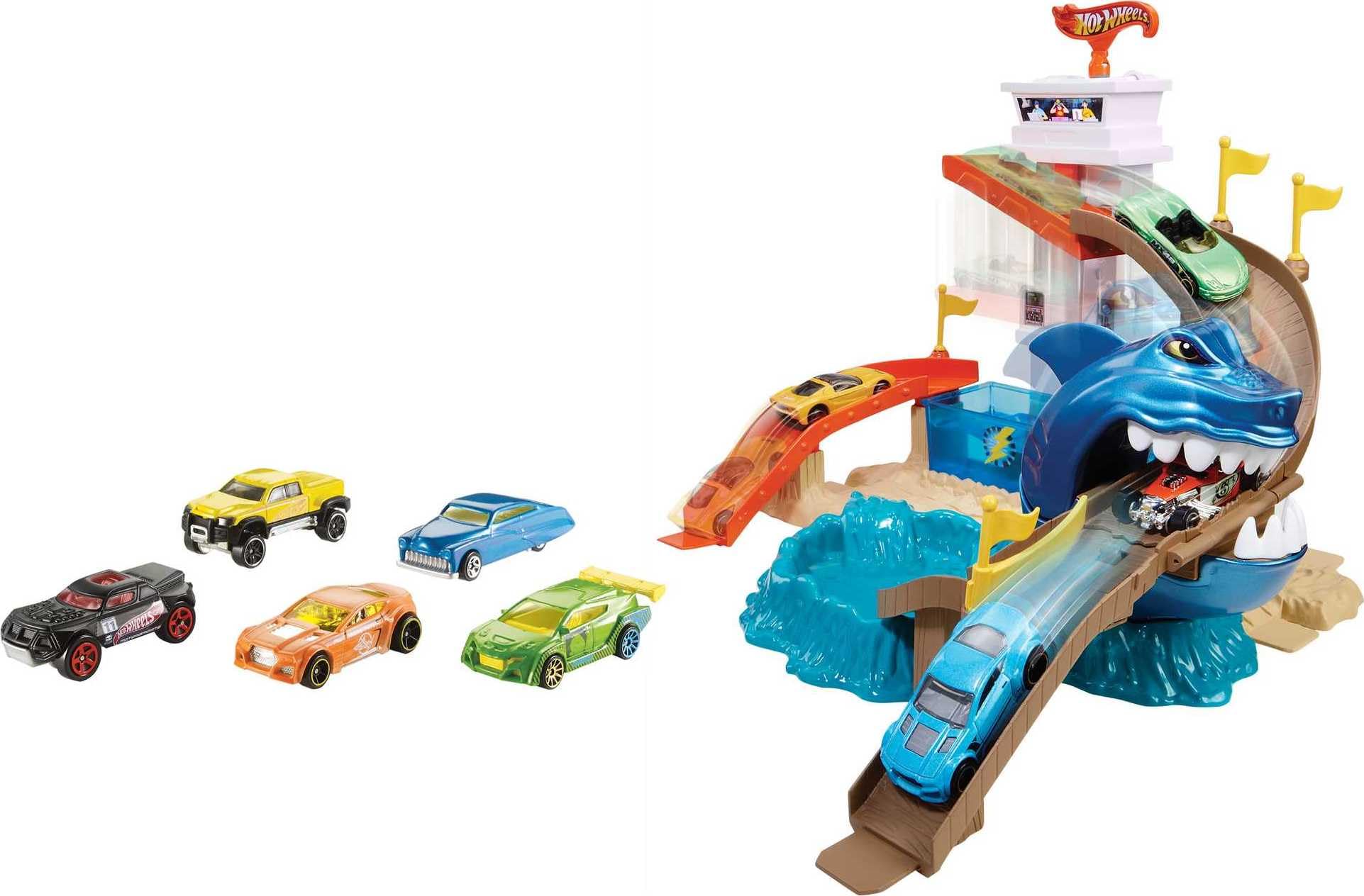 Hot Wheels Piste Attaque Requin, Coffret de Jeu avec 2 Zones de Changement de Couleur et Un véhicule Color Shifters Inclus, Jouet pour Enfant, BGK04