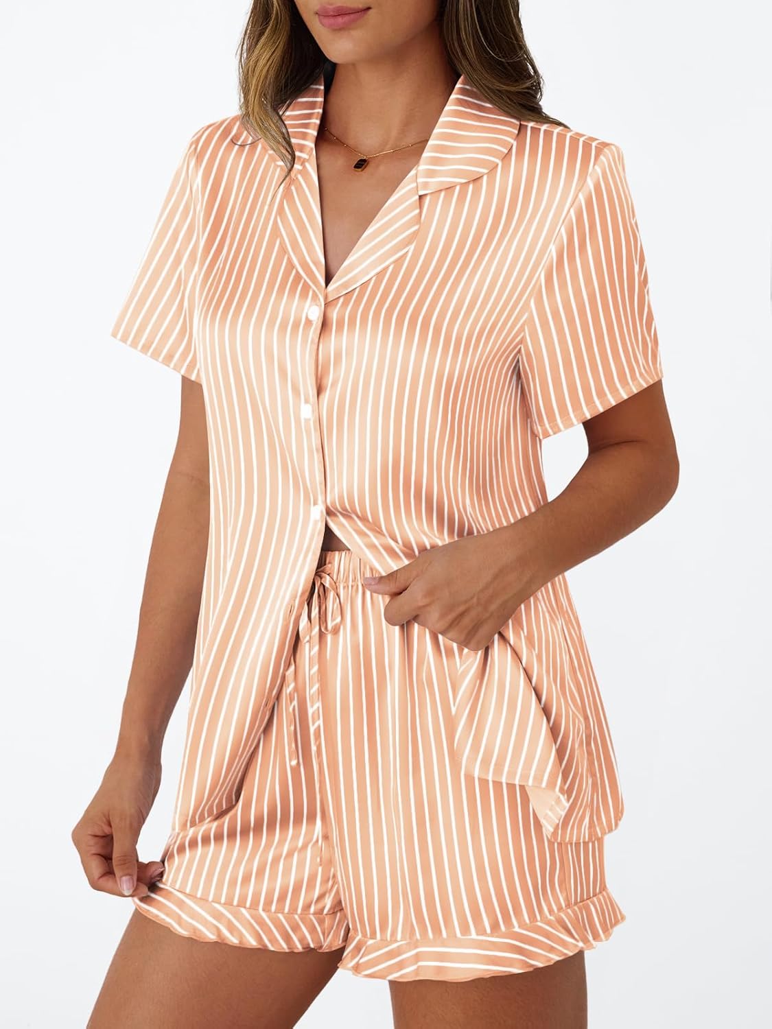 LILLUSORY Womens Satin Silk Pajamas Set 2 Piece Ruffle Pjs Winter Matching Lounge Sleepwear Button Down Striped Shirt Shorts - Image 3