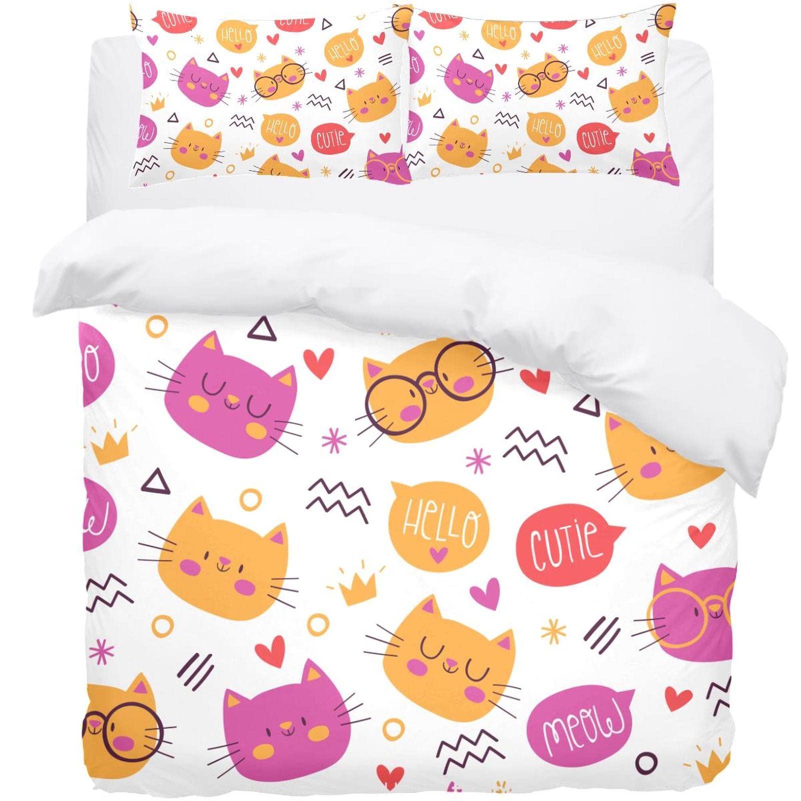 Housse de couette chat et 2 taies pour lit double et King size