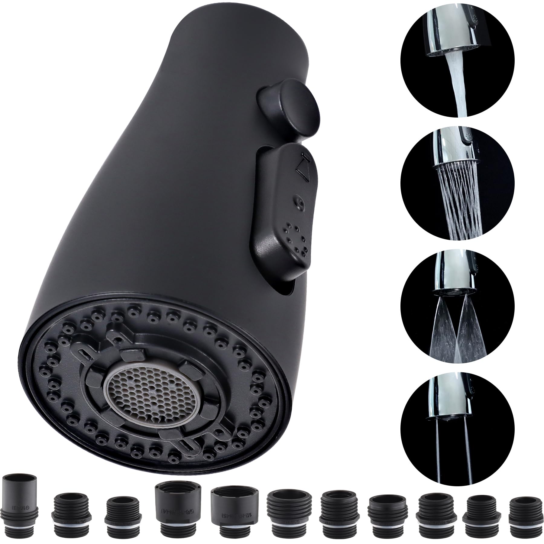 Hsmhose Kitchen Faucet Head Replacement 4 Modes, Pull Down Faucet Sprayer Head Nozzle Kitchen Sink Faucet Head with 11 Adapters（Black）