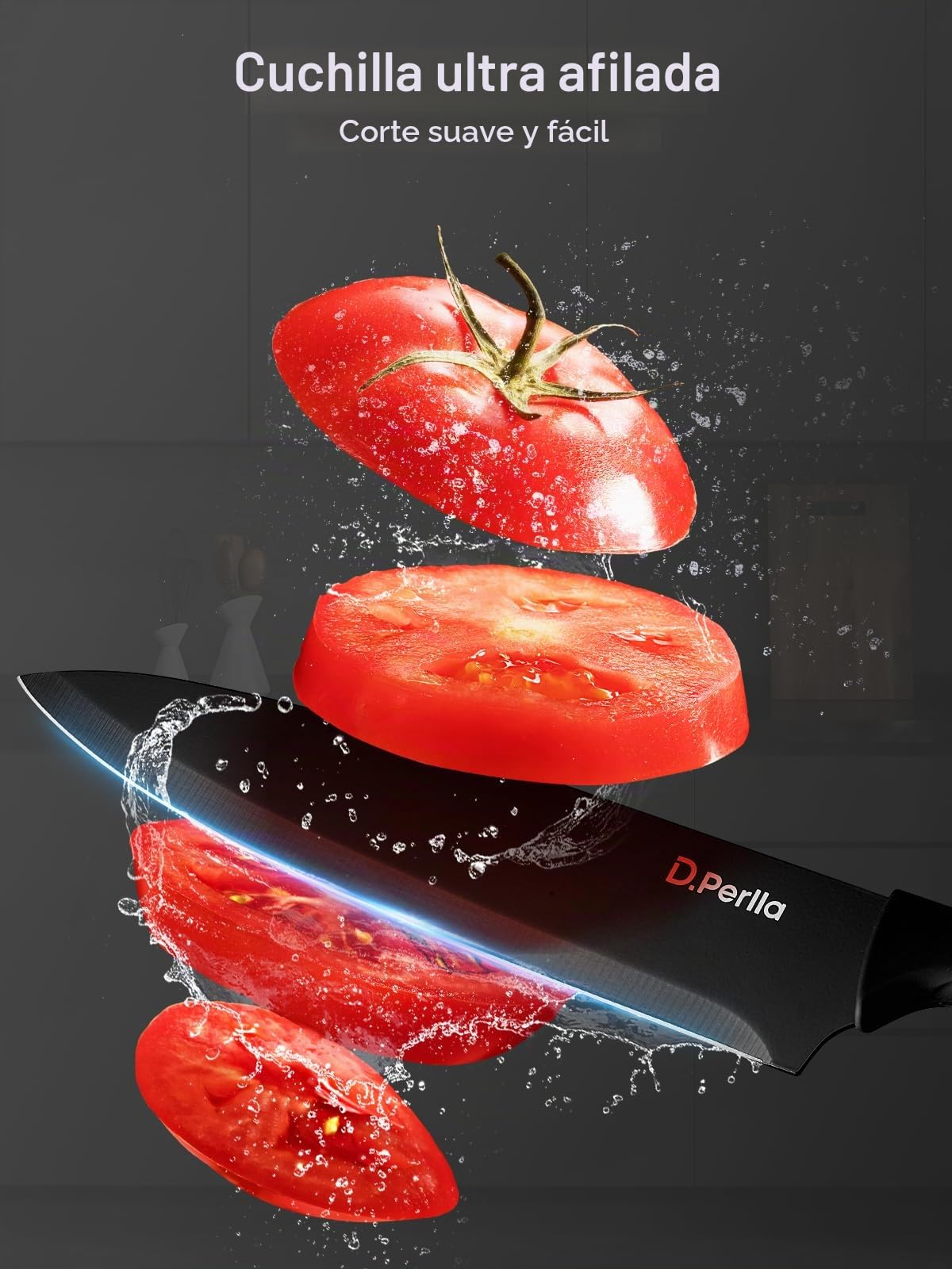 D.Perlla Juego de Cuchillos de Cocina Profesional 6 piezas Cuchillos Acero Inoxidable Cuchillo Chef Mango Ergonómico, Negro