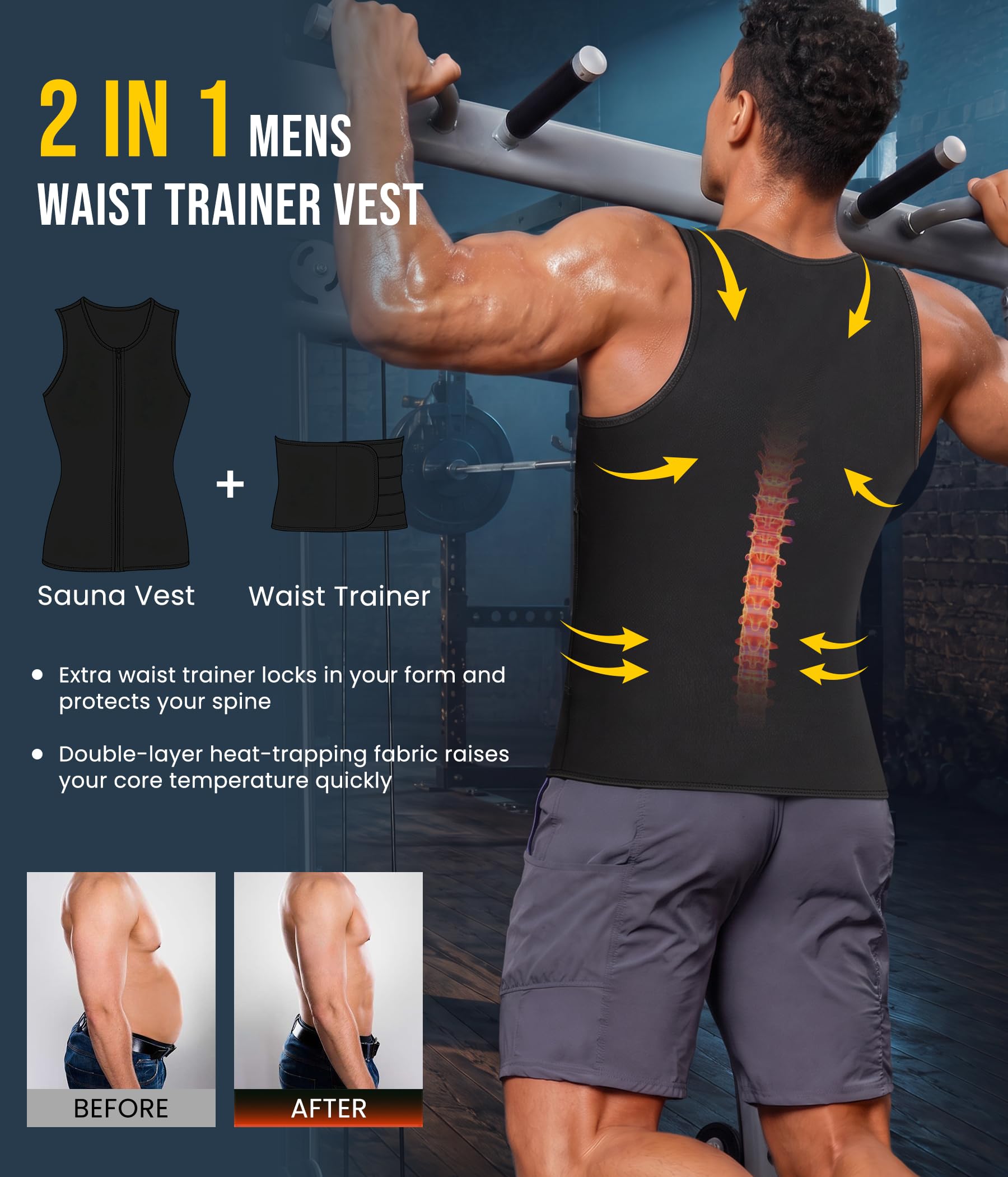 Junlan Combinaison de sauna 2 en 1 pour homme avec bande de transpiration pour le ventre