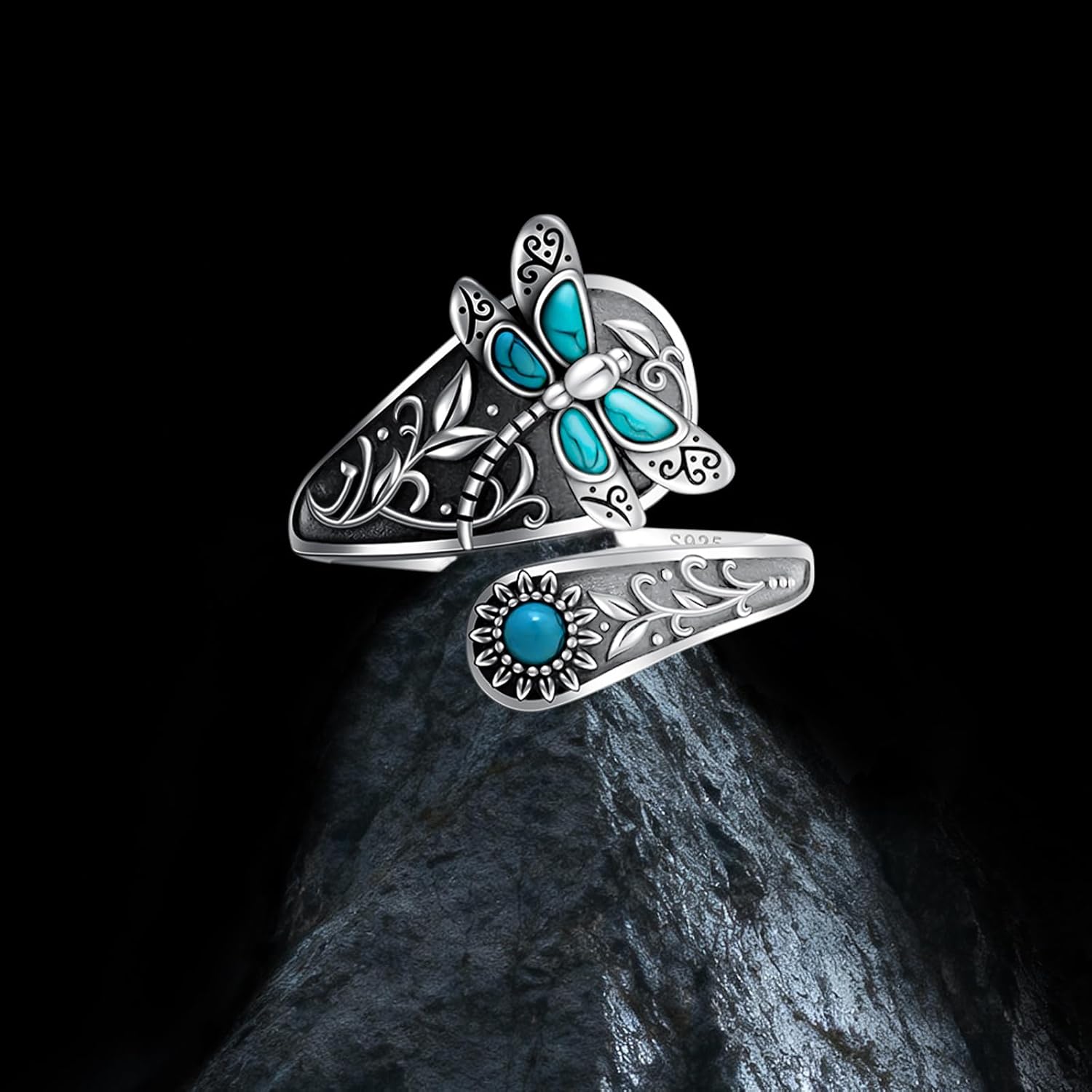 Spoon Dragonfly Ring Turquoise Rings for Women Sterling Silver Turquoise Jewelry Dragonfly Gifts Open Adjustable Vintage Boho Sunflower Thumb Oxidized