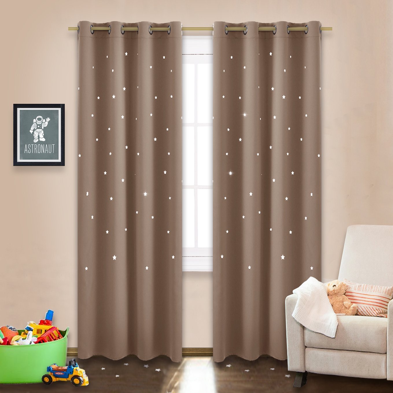 NICETOWN Blackout Curtain Panel with Die-Cut Stars Zodiac Constellation Tan Drapery with Star Cut Out Design, Nursery Kid's Bedroom Essential (1 Panel,52 inches W x 84 inches L,Cappuccino)…