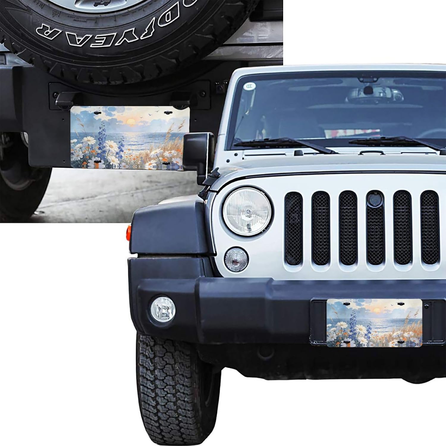 Seaside Wildflower Beach Sunrise Front License Plate Aluminum Decorative License Plates Funny Metal Car Plate Novelty Vanity Tag Cover 6"X12" Car Decor Accessory with 4 Holes for Men Women