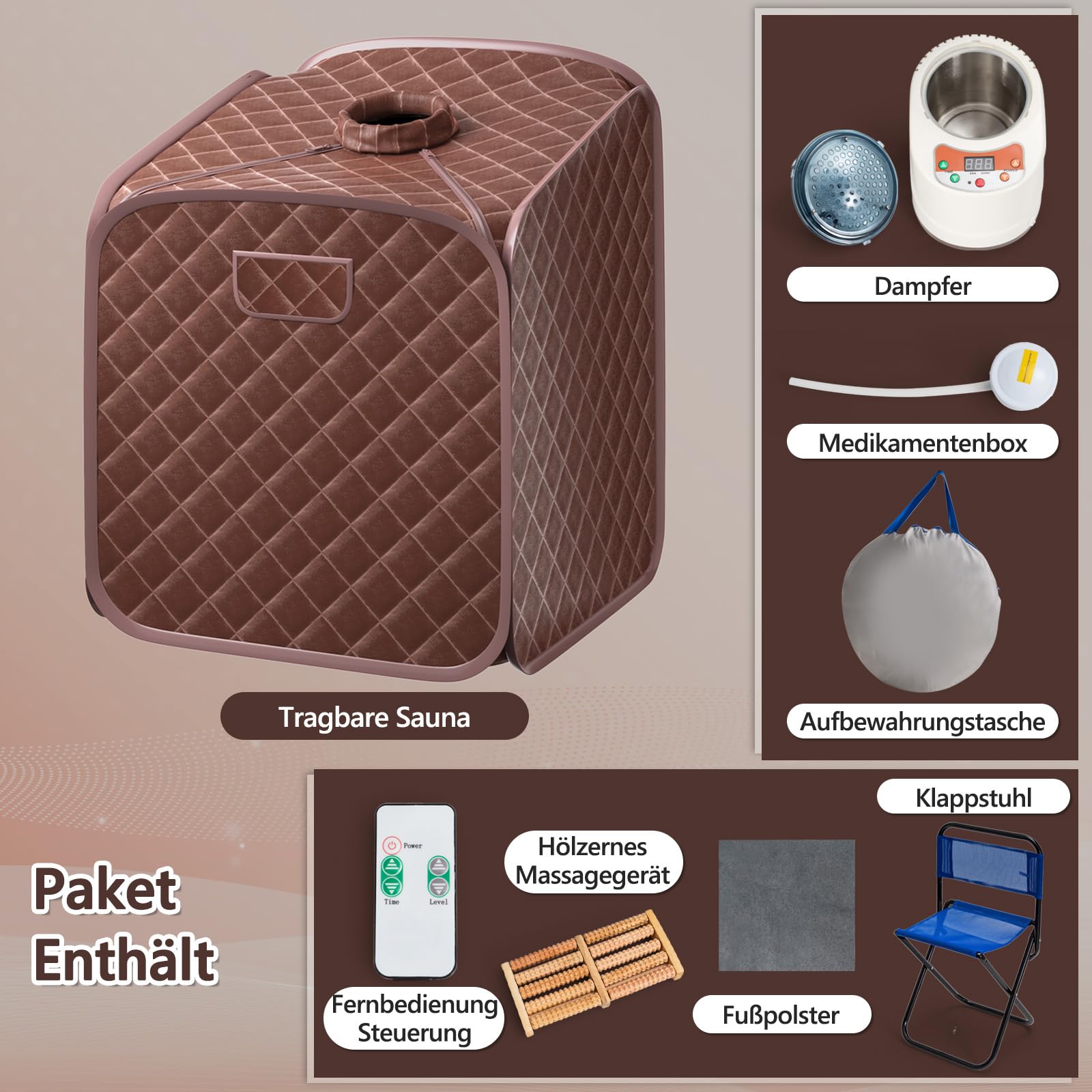 GOPLUS Sauna parowa, 2 l, prywatna kabina sauny z krzesłem, masaż stóp, rolka, 9 regulowanych poziomów temperatury, domowa sauna do redukcji wagi, detoksykacji, redukcji stresu, zmęczenia (brązowa)