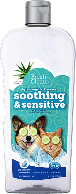 PetAg Fresh 'n Clean Champú calmante y sensible para mascotas - 18 oz - Champú para mascotas hipoalergénico y sin lágrimas para perros, gatos y animales pequeños con aloe y vitamina E - Sin fragancia