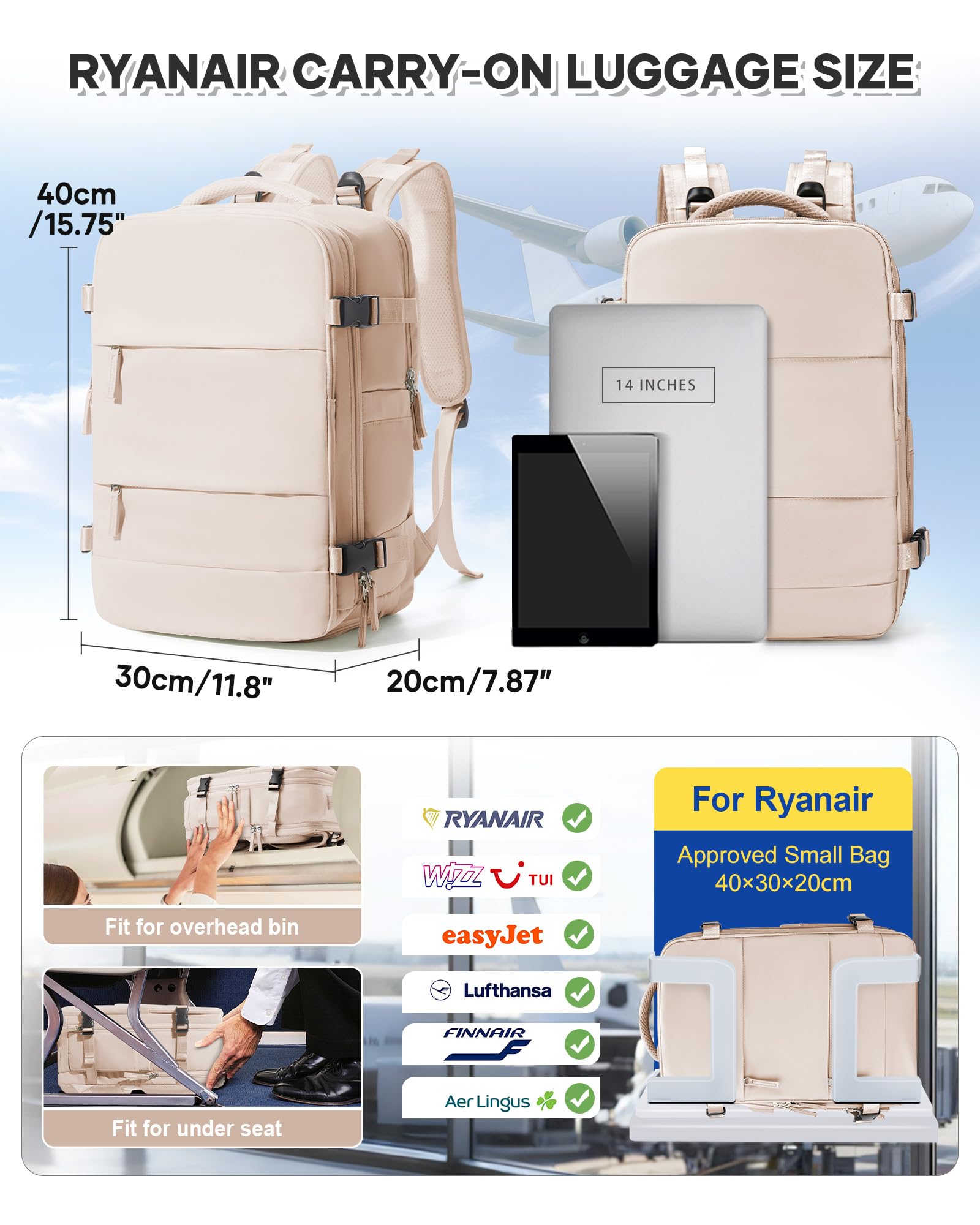 BJLFS Borse da Cabina per Ryanair 40x30x20 Bagaglio a mano Sottovuoto 40x20x25 Zaino da Viaggio con Sottovuoto impermeabile Donna Zaino Easyjet 45x36x20 Zaini Wizzair con porta scarpe