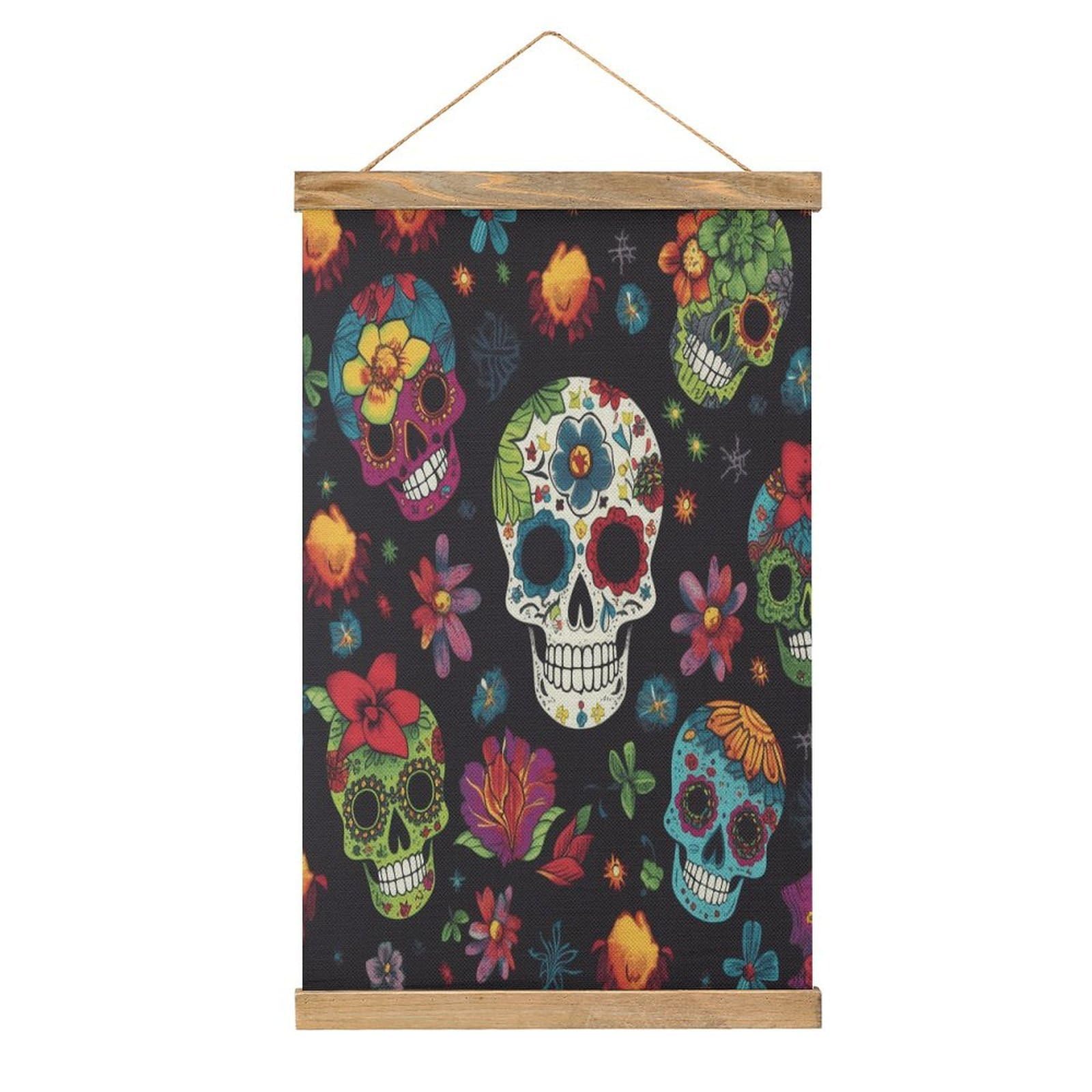 VstaDank Flower Cactus Sugar Skull Poster with Wooden Frame Hanger Art Painting Wall Decor Poster Wall Hanging Wooden Frame 13x20 Wood Poster Hanger for Photo Picture Art Canvas Print Artwork