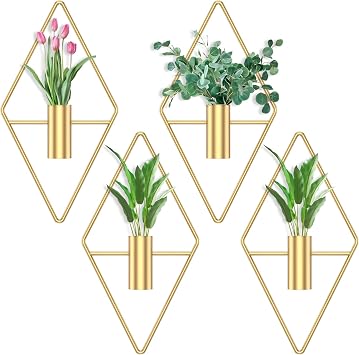 4Pcs Hanging Vase Wall Decor, Metal Hanging Planters, Eucalyptus Wall Art, Indoor Plants Holder, Modern Diamond Shape Geometric Room Ornament for Living Room Balcony