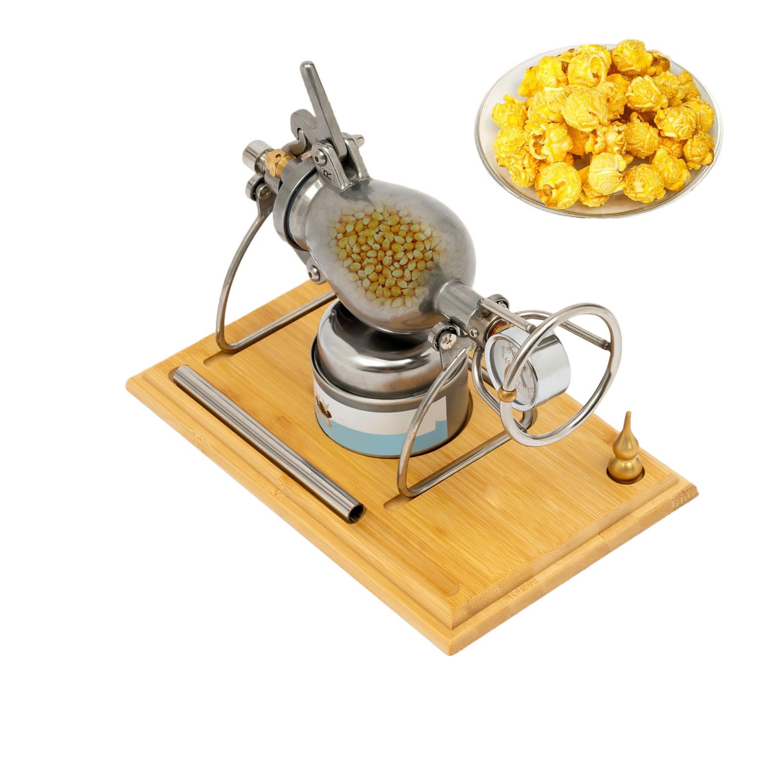 Mini Vintage Popcorn Machine, mała maszyna do popcornu ze stali nierdzewnej, wysokociśnieniowa maszyna do popcornu z manometrem i drewnianą podstawą do zabawy na przyjęciach rodzinnych (360 ml)