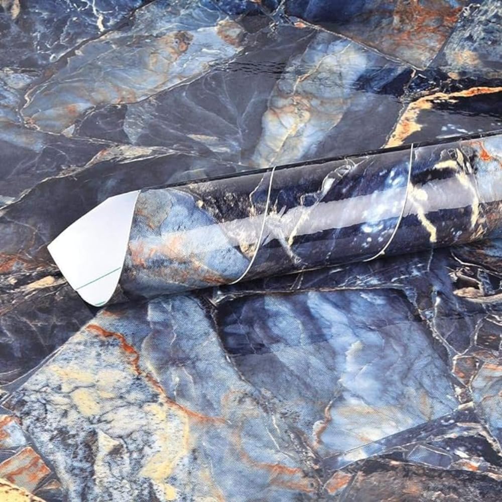 Sweezee Enterprise Peel and Stick Marble Vinyl Wallpaper – Waterproof & Oil-Proof DIY Wall Sticker for Home, Kitchen, Countertops, and Cabinets – Easy to Apply and Remove (Blue Gold) (B0DHRTSHGH) Amazon Price History, Amazon Price Tracker