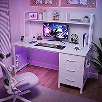 Vista 3 de Escritorio blanco para computadora con estante superior y cajones - Escritorio de oficina con 3 cajones de almacenamiento y tomas de corriente