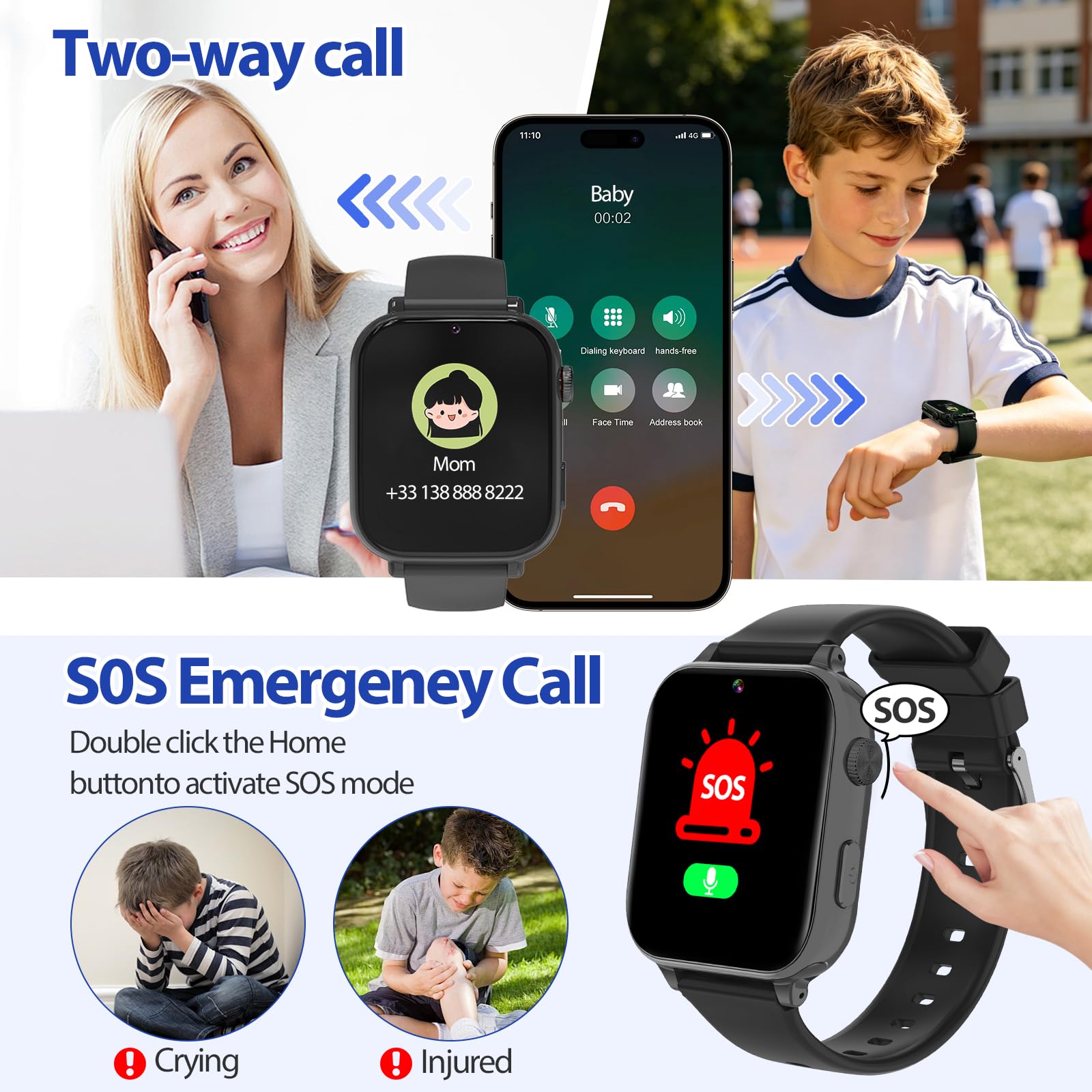 Reloj Inteligente Niño, Reloj GPS Niños con Localizador y Llamadas, Negro | 4G Smartwatch Niños WIFI/Recibir SMS/SOS Chat de Voz, Modo Clase Juegos Cámara, Regalo para Niñas niños 4-12 años Regalo