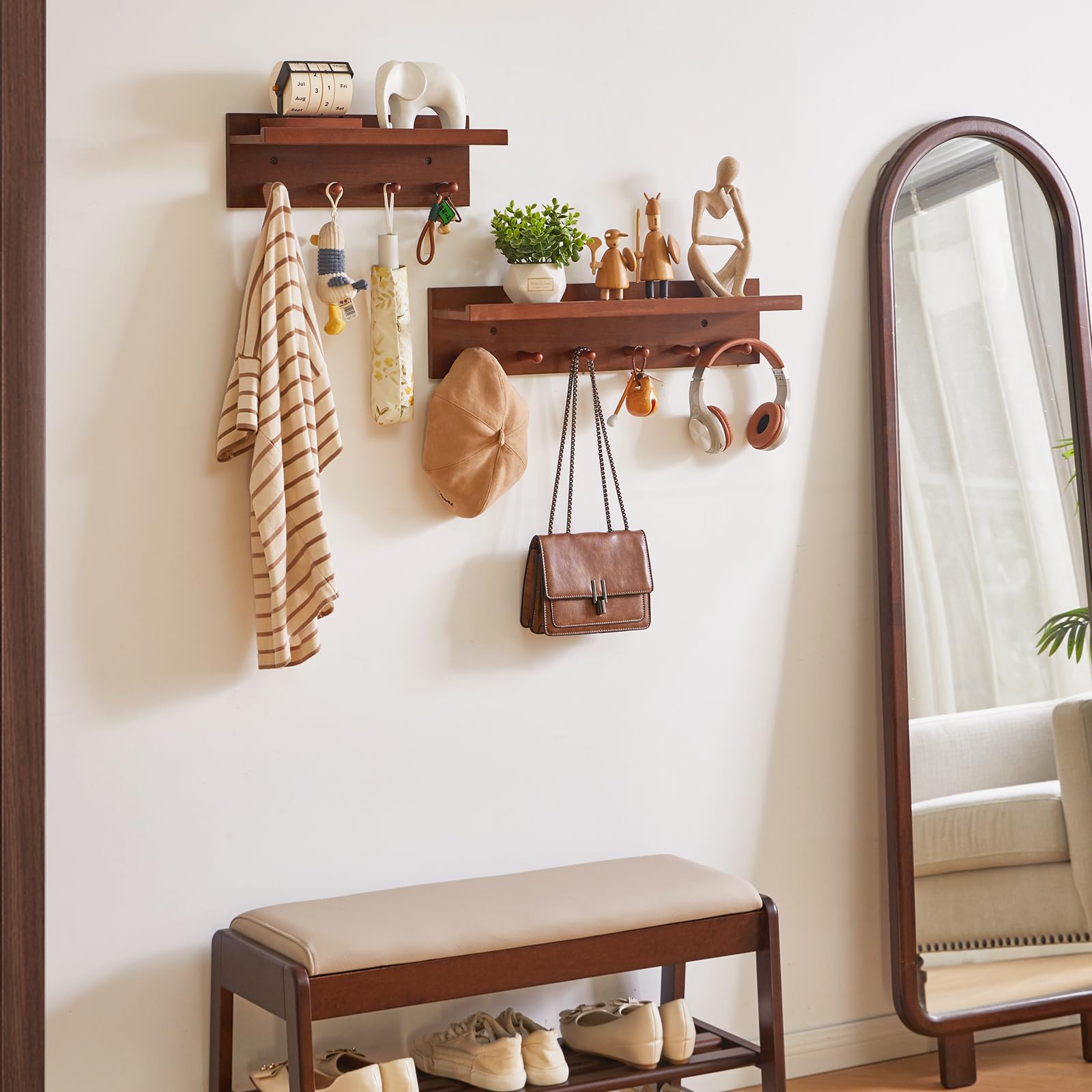 Aibiju Appendiabiti da Parete con Mensola 40 cm, Ganci da Parete in Legno con Contenitore, per Ingresso, Bagno, Cucina, colore Noce YD-WS0240H