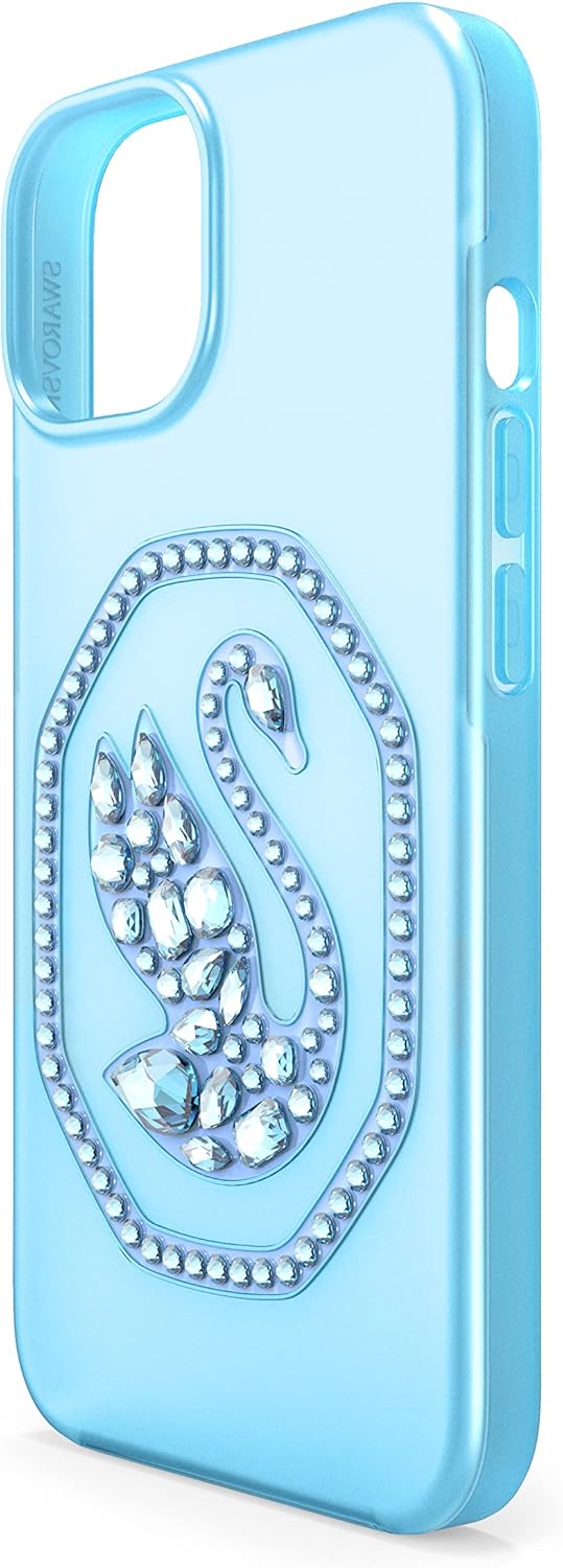Swarovski Signum Phone Case for iPhone 14 with Blue Crystals, Blue Background Swan Motif, Part of The Signum Collection