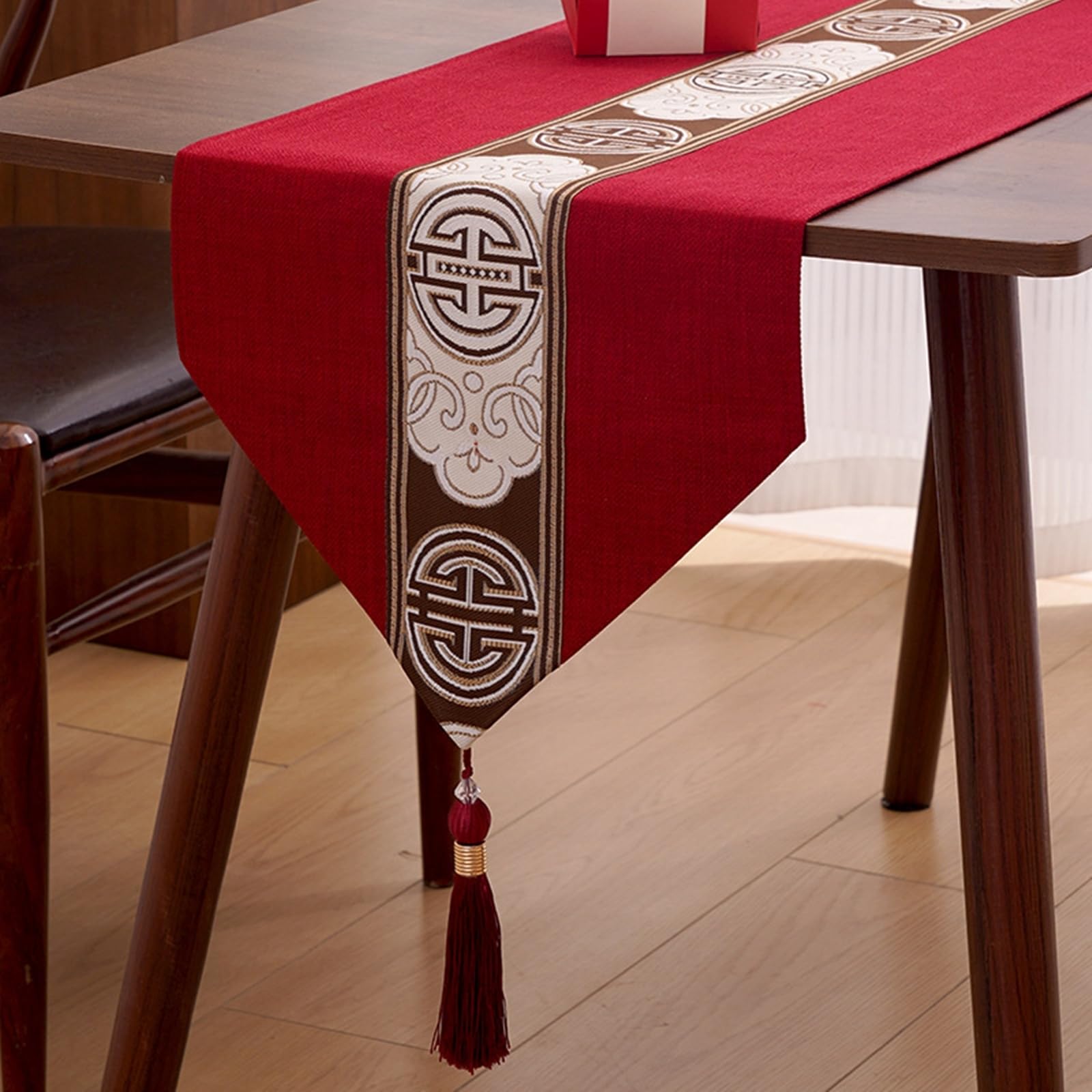 Chemin de Table Lin 180 cm, Chemin de Table Mariage Champetre 33x180cm Rouge Uni À Motifs de Style Chinois