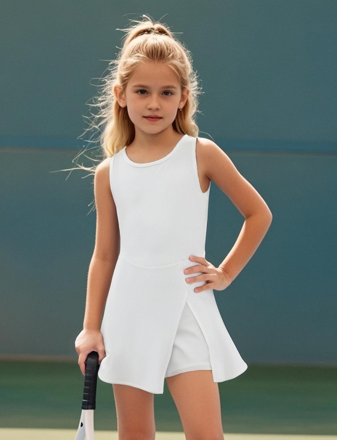 Little Girls Golf Tennis Sports Round Neck Sleeveless Athletic Active Dress with Safety Shorts and Pockets - Image 3