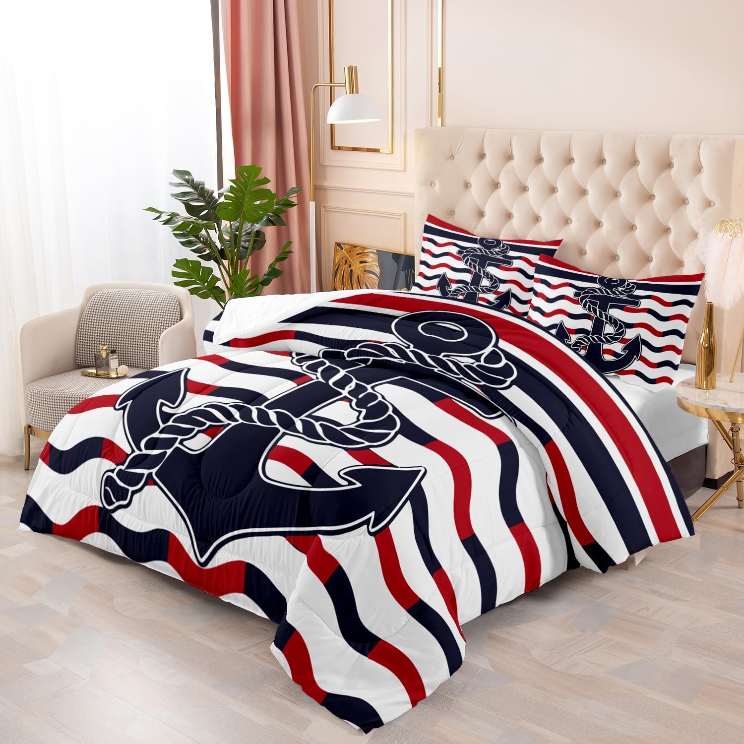 Suncloris Nautical Navy Blue Anchor Comforter, Red Blue White Stripes Bedding Set for Kids and Adults, Ocean Boat Anchor Patteren Quilt Bedroom Decor with 2 Pillow Cases (NavyAnchor, Queen)