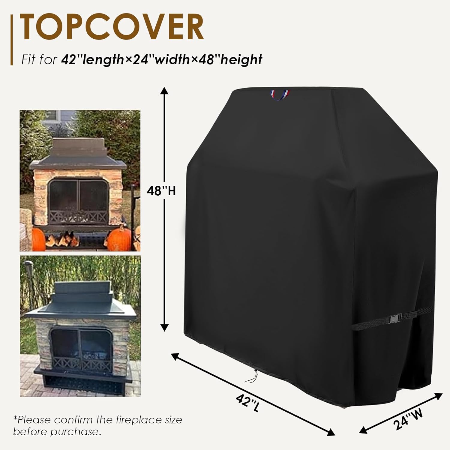 Outdoor Fireplace Cover, Heavy Duty Waterproof 42inch Tall Patio Wood Burning Fireplaces Cover - 42"L x 24"W x 48"H, Black