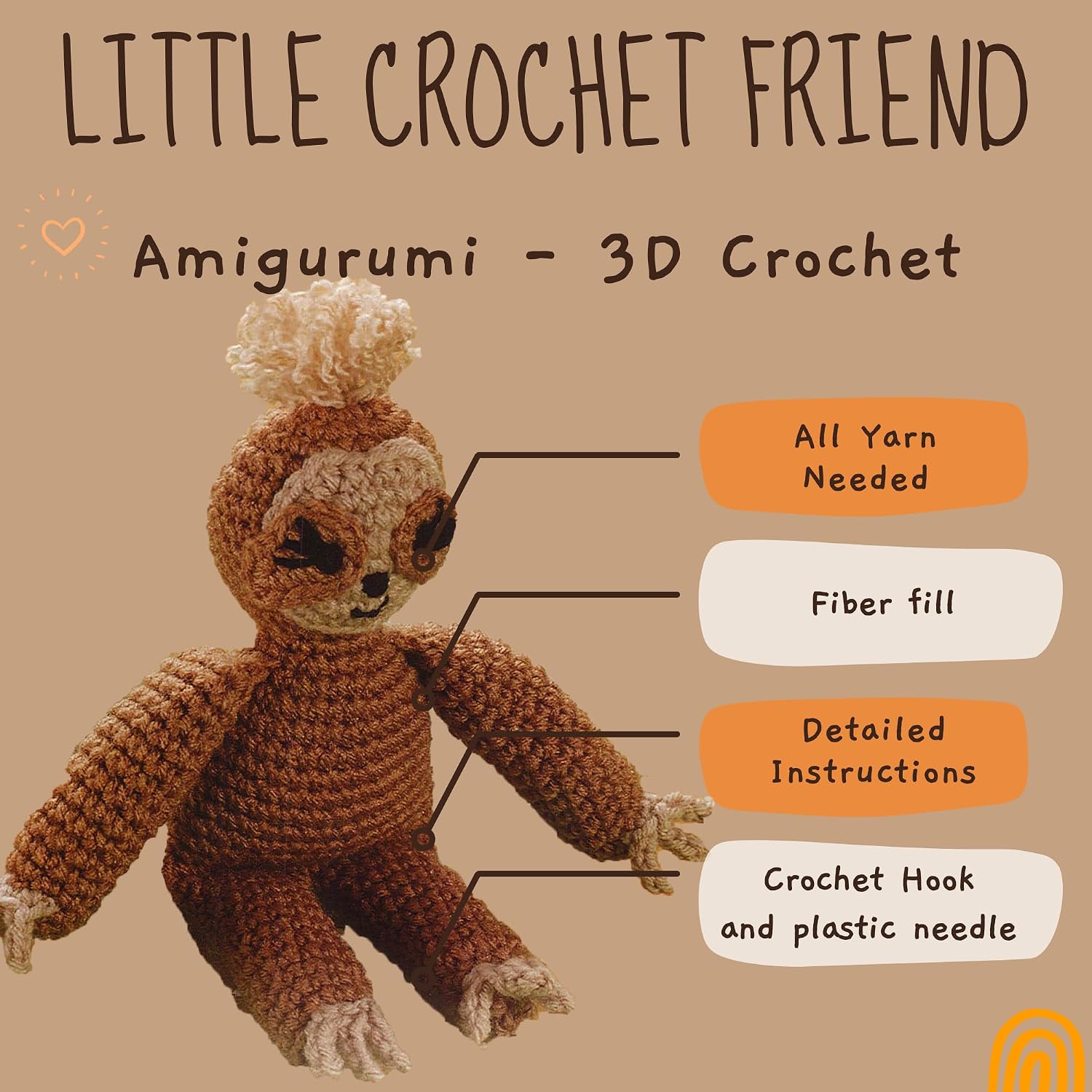 LEISURE ARTS Little Crochet Friend Animals Crochet Kit, Sloth, 8", Complete Kit, Learn to Animal Starter Kit for All Ages, Includes Instructions, DIY Amigurumi Kits image 3