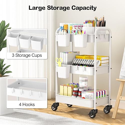 Miniatura 3 de YASONIC Carrito con ruedas de 3 niveles, carrito utilitario de metal con ruedas, organizador de almacenamiento mejorado con tazas y ganchos