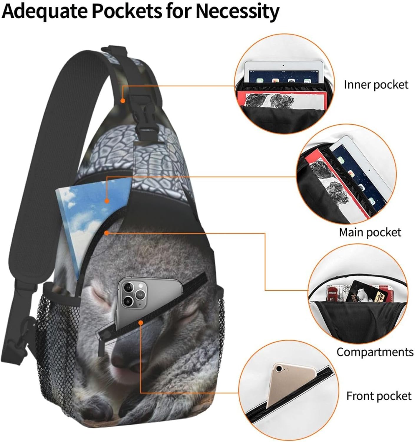Durable Lightweight sleeping koala cap Print Cross chest bag diagonally for Travel Commute Daily Use