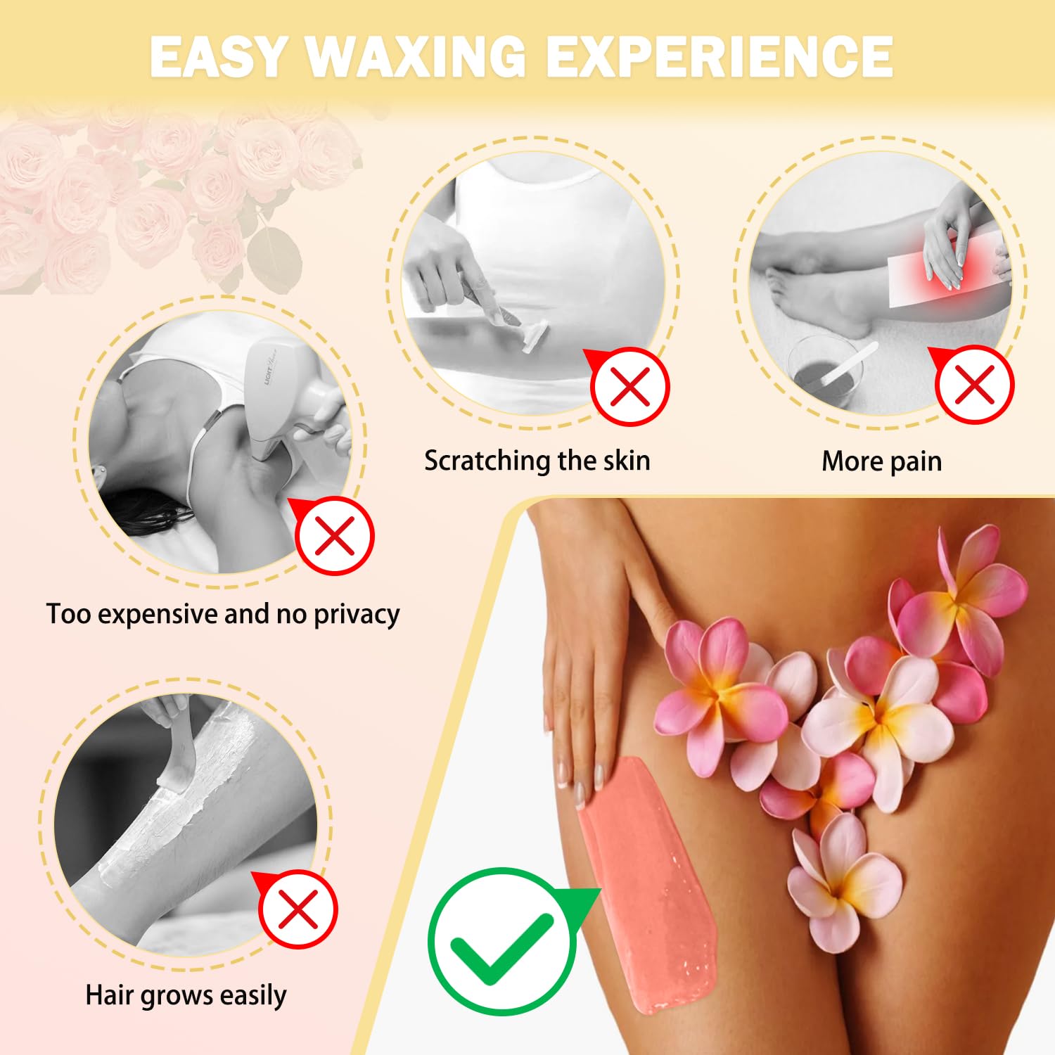 Wax Beads,5 Packs Hard Wax Beads Waxing at Home for Hair Removal - Hard Wax for Sensitive Skin Women with sticks, Bikini Brazilian Body Face Waxing (5 * 100g, Aloe & Rose)