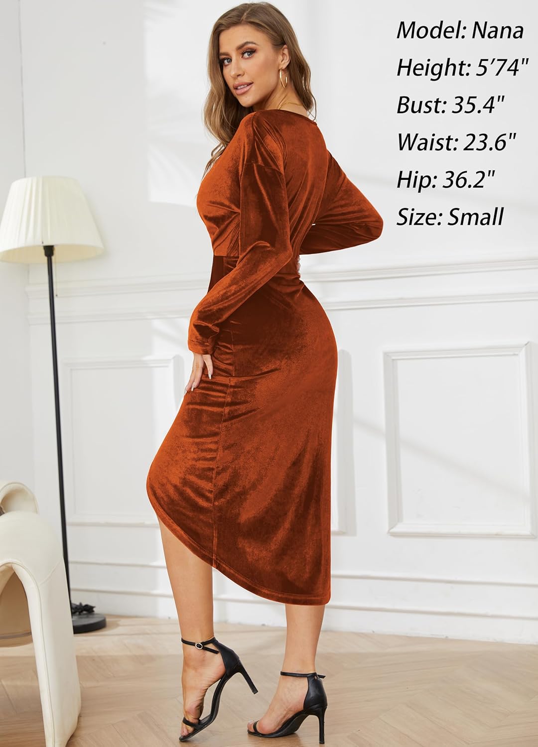 Women's V Neck Long Sleeve Ruched Dress Sexy Velvet Cocktail Party Evening Club Midi Dresses - Image 4