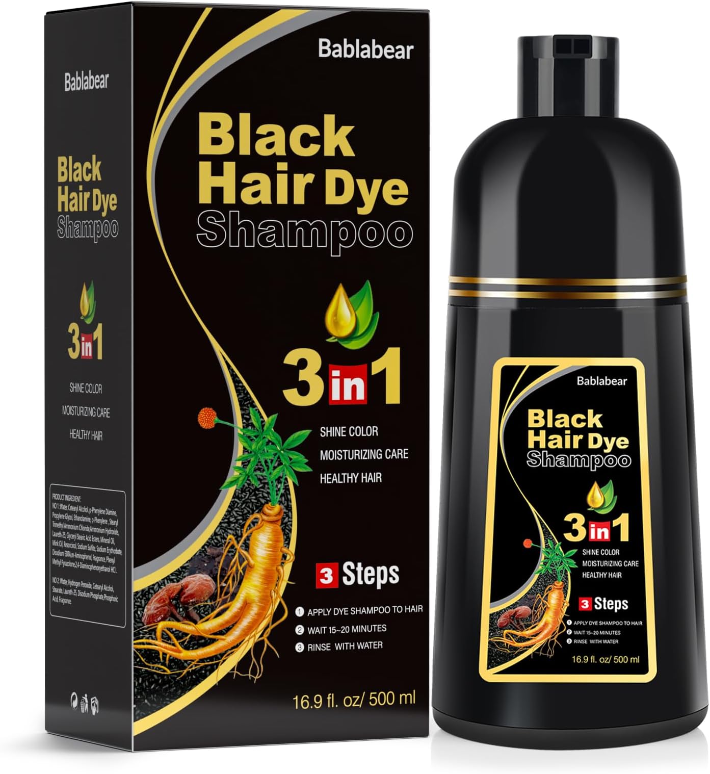 Black Hair Dye Shampoo for Gray Hair, Semi-Permanent Hair Color Shampoo for Women and Men, 500ml