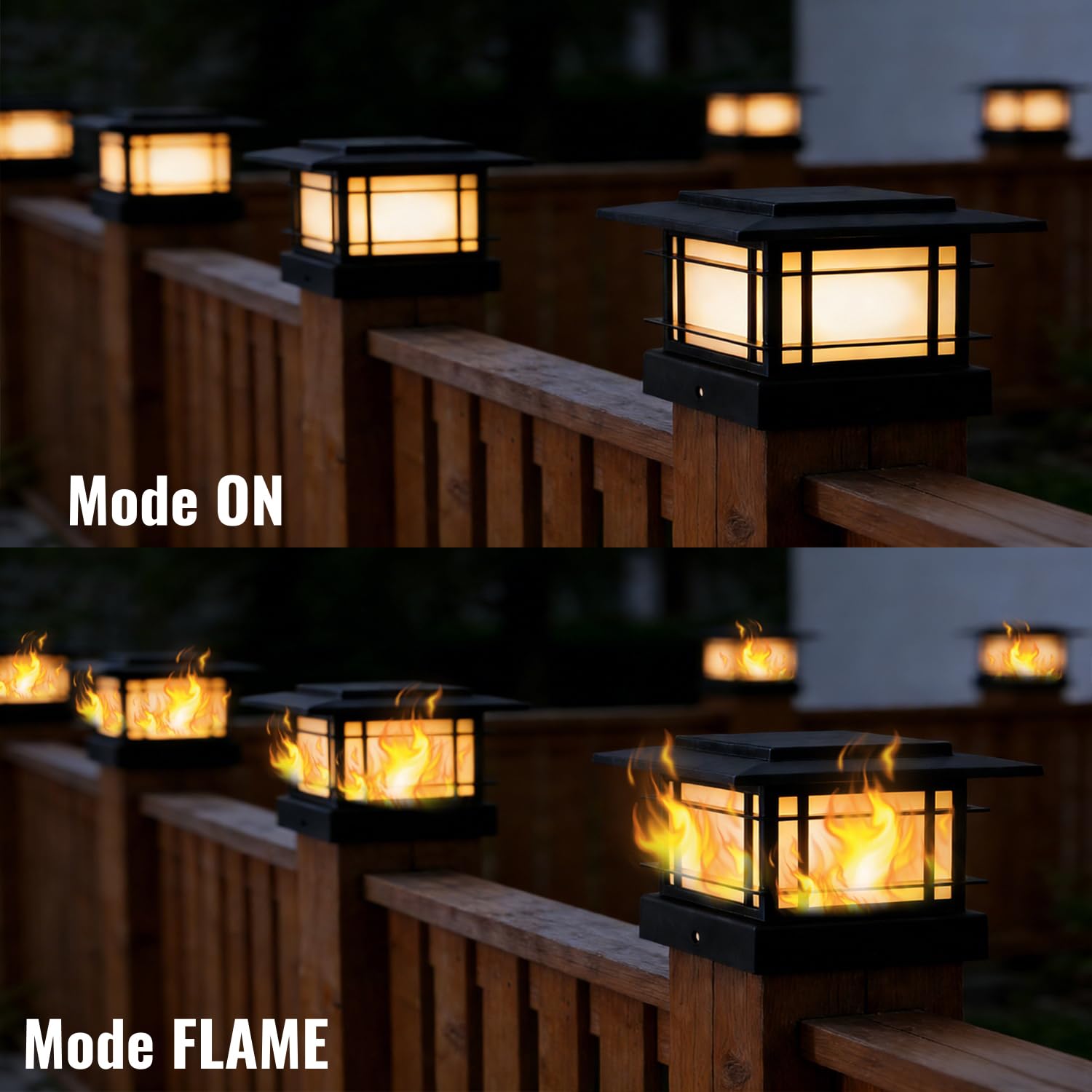 Dynaming Lot de 8 lampes solaires d'extérieur avec flamme vacillante, coque noire pour poteaux de clôture de 10,2 x 10,2 cm, en vinyle/bois, éclairage LED lumineux pour jardin, terrasse, terrasse