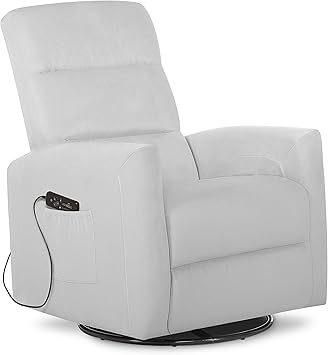 Evolur Reevo Upholstered Faux Leather Seating Glider Swivel in Misty Grey, Greenguard Gold Certified Rocker, Massager, Tool-Free Assembly, Easy to Clean