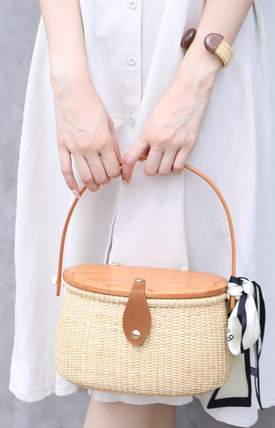 Nantucket Basket Tall Crescent Purse Cane-on-cane weave Rattan Bag for Women Bag
