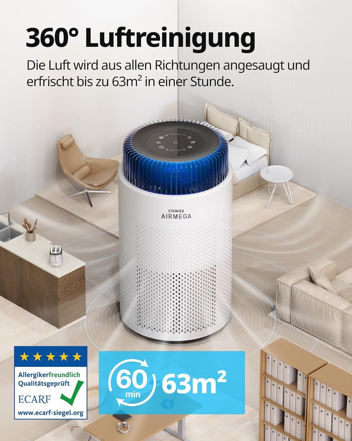 COWAY Luftreiniger für Zuhause Schlafzimmer, HEPA, Schlafmodus, AIRMEGA 100 – Ansicht 3