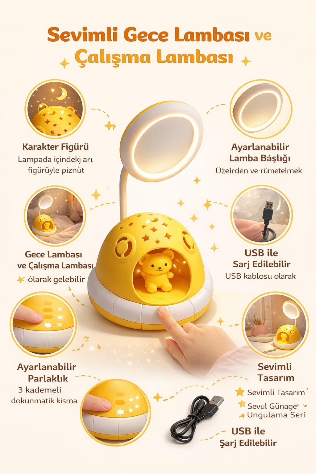 Sevimli Köpek Figürlü LED Masa Lambası ve Gece Lambası, Yıldız Desenli Işıklı Dekoratif Çocuk Odası Aydınlatması, USB Girişli ve Fişe Takılan Ayarlanabilir Başlıklı Masaüstü Gece Işığı