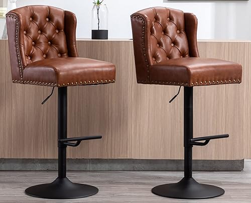 Kmax Taburetes de bar de piel sintética, modernos taburetes de altura de mostrador, giratorios de 360, ajustables con base plateada, reposapiés de