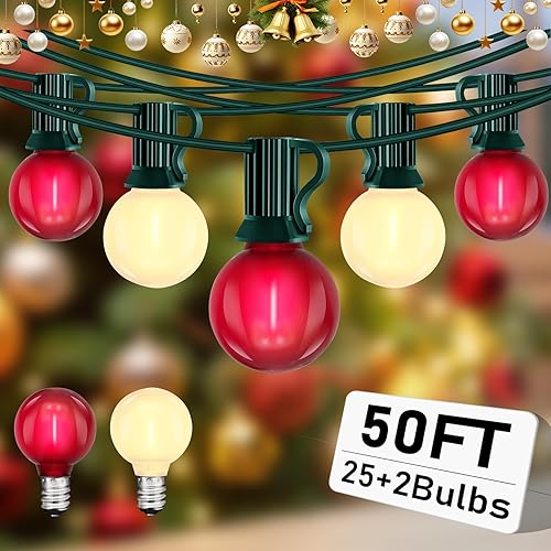 Miniatura 34 de Luces de Navidad multicolor para exteriores de 50 pies, G40 con 27 bombillas coloridas de cerámica (2 de repuesto), luces de bistró de Navidad LED