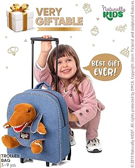 Naturally KIDS Dinosaur Backpack with Wheels - Kids Suitcase on Wheels for Boys Girls w Stuffed Animal - Children's Luggage